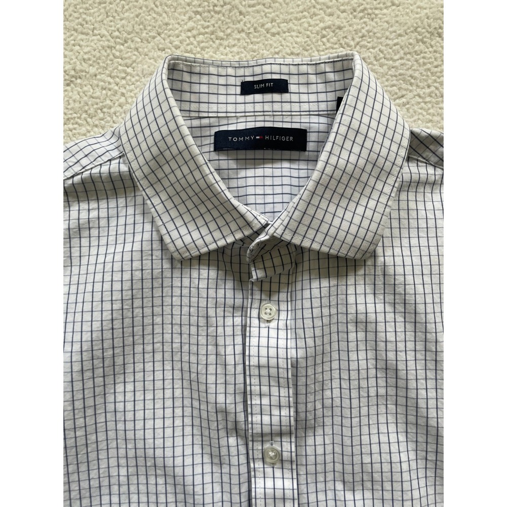 Tommy‎ Hilfiger Mens L Button Down Shirt White Blue Slim Fit Grid Check 16 34/35